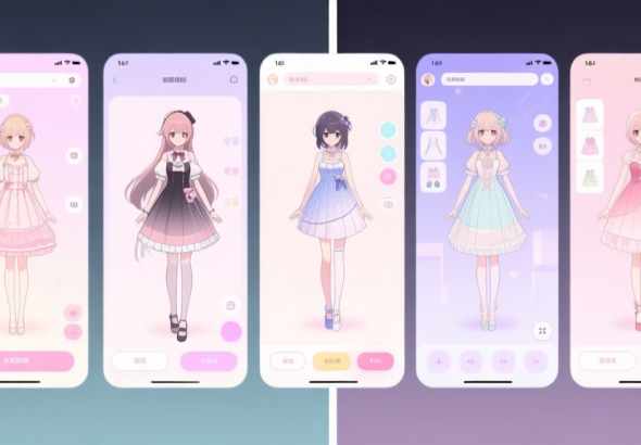 自动生成图片: Split-screen comparison of five distinct anime dress-up game interfaces, showing character customization screens with different art styles and UI layouts, soft pastel color palette, clean and modern illustration high quality illustration, detailed, 16:9