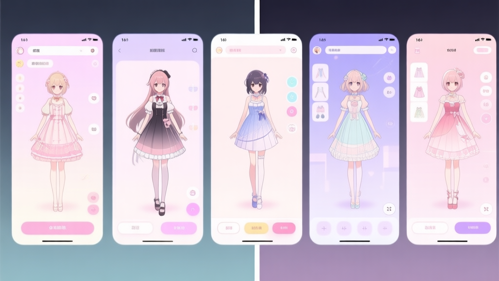Split-screen comparison of five distinct anime dress-up game interfaces, showing character customization screens with different art styles and UI layouts, soft pastel color palette, clean and modern illustration high quality illustration, detailed, 16:9