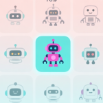 自动生成图片: A minimalist, clean game interface showing a grid of cute, slightly varied robot icons, with one robot highlighted in a different color, soft pastel background high quality illustration, detailed, 16:9