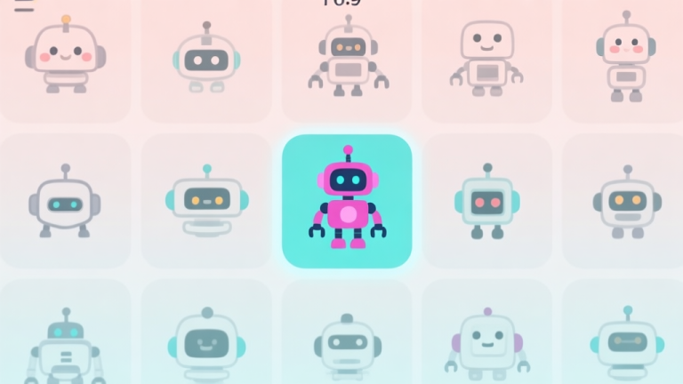 自动生成图片: A minimalist, clean game interface showing a grid of cute, slightly varied robot icons, with one robot highlighted in a different color, soft pastel background high quality illustration, detailed, 16:9