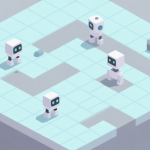 自动生成图片: A minimalist isometric view of a puzzle level from a perspective game, featuring simple geometric shapes representing bots and obstacles on a grid, soft pastel color palette with a focus on light blues and grays high quality illustration, detailed, 16:9