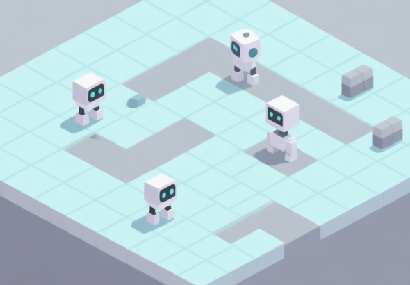 自动生成图片: A minimalist isometric view of a puzzle level from a perspective game, featuring simple geometric shapes representing bots and obstacles on a grid, soft pastel color palette with a focus on light blues and grays high quality illustration, detailed, 16:9