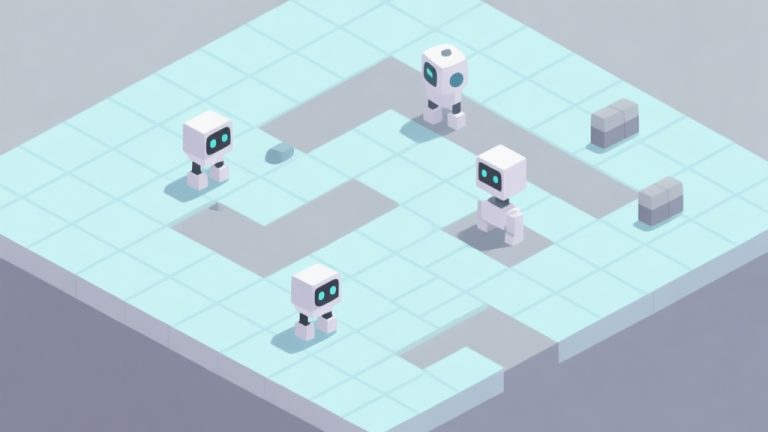 自动生成图片: A minimalist isometric view of a puzzle level from a perspective game, featuring simple geometric shapes representing bots and obstacles on a grid, soft pastel color palette with a focus on light blues and grays high quality illustration, detailed, 16:9