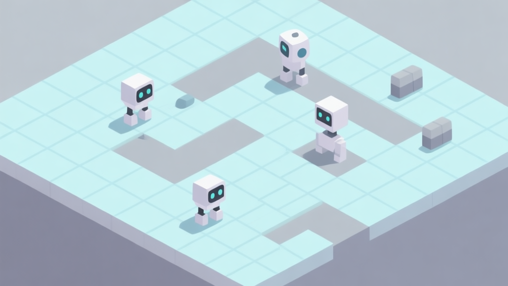 A minimalist isometric view of a puzzle level from a perspective game, featuring simple geometric shapes representing bots and obstacles on a grid, soft pastel color palette with a focus on light blues and grays high quality illustration, detailed, 16:9