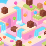 自动生成图片: A vibrant yet soft-colored game screenshot of Sweet World, showing a complex level with cascading candies, chocolate blockers, and a high-score counter in the corner, illustrated in a flat design style high quality illustration, detailed, 16:9