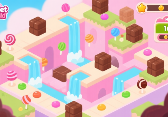 自动生成图片: A vibrant yet soft-colored game screenshot of Sweet World, showing a complex level with cascading candies, chocolate blockers, and a high-score counter in the corner, illustrated in a flat design style high quality illustration, detailed, 16:9