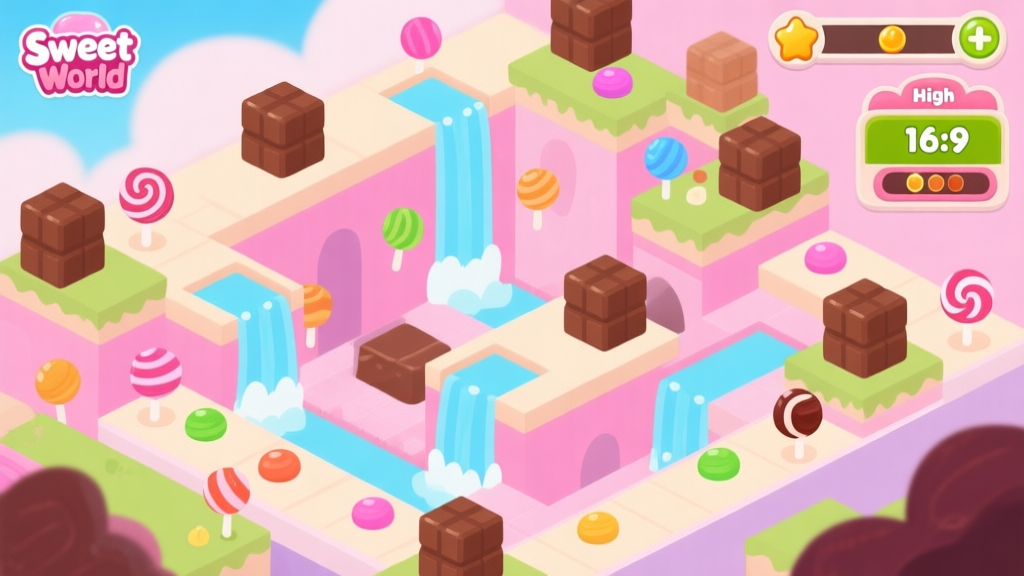 A vibrant yet soft-colored game screenshot of Sweet World, showing a complex level with cascading candies, chocolate blockers, and a high-score counter in the corner, illustrated in a flat design style high quality illustration, detailed, 16:9