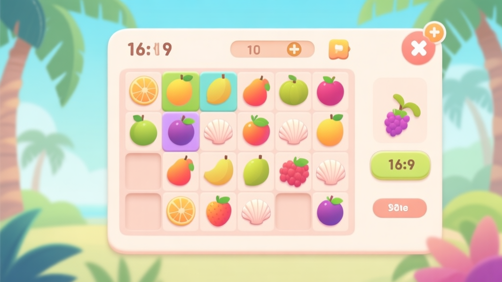 A serene and inviting game interface of a tropical-themed tile-matching puzzle, showing a partially cleared board with colorful pairs of fruits and shells, soft pastel color palette, clean and minimalist design high quality illustration, detailed, 16:9