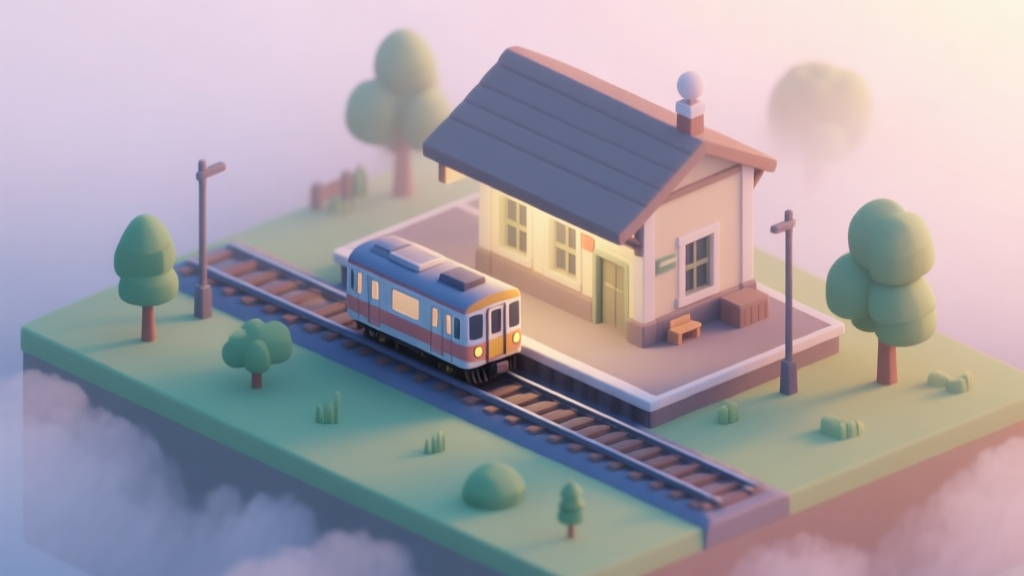 A serene, isometric view of a simple train station at dawn in a simulation game, with one small train waiting on a single track, surrounded by a few trees and a gentle fog, soft pastel color palette high quality illustration, detailed, 16:9