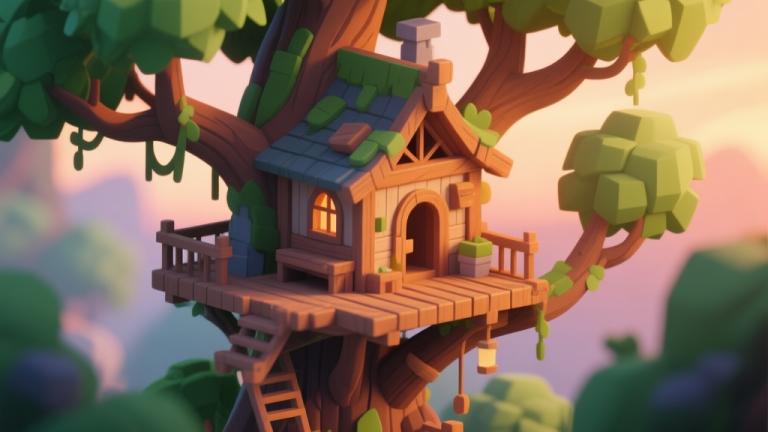 自动生成图片: A cozy, intricate treehouse nestled among lush green branches, soft sunset lighting, warm wooden textures, isometric game view style, soft color palette high quality illustration, detailed, 16:9