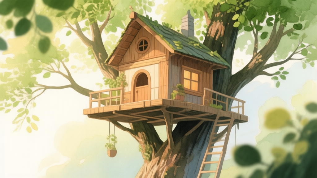 A cozy, inviting tree house nestled among lush green branches, soft morning light filtering through leaves, warm wooden textures, in a gentle watercolor illustration style high quality illustration, detailed, 16:9
