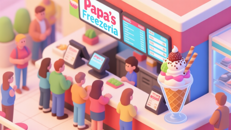 自动生成图片: A vibrant, isometric view of a busy Papa's Freezeria counter with multiple customers waiting, a complex order on the screen, and a perfectly built sundae with detailed toppings, in a cheerful cartoon style with soft lighting high quality illustration, detailed, 16:9