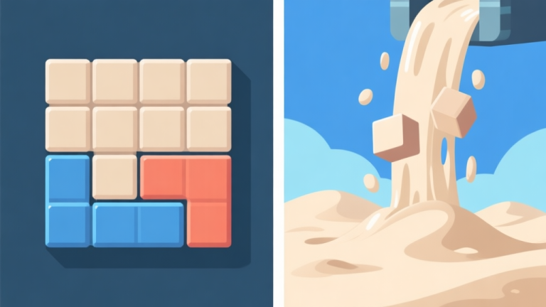 自动生成图片: A split-screen illustration showing classic rigid Tetris blocks on one side and fluid, sandy blocks cascading and interacting on the other, soft beige and blue color palette, minimalist game art style high quality illustration, detailed, 16:9