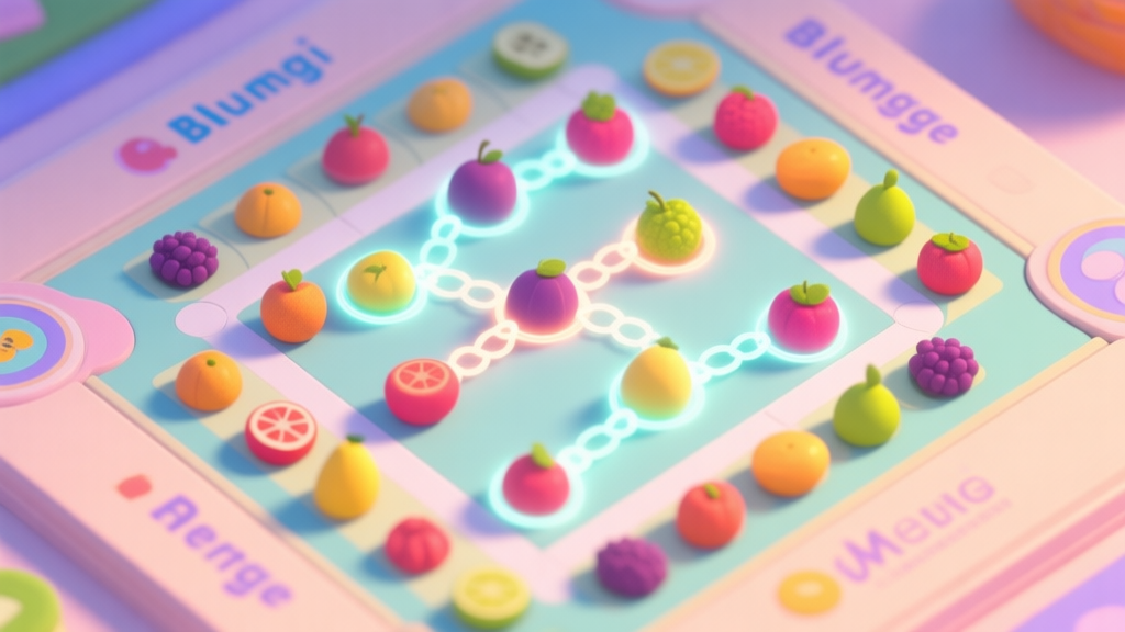 A top-down view of a vibrant but organized Blumgi Merge game board, with colorful fruit-like shapes neatly arranged, some highlighted with soft glow to show potential merge chains, pastel color palette high quality illustration, detailed, 16:9