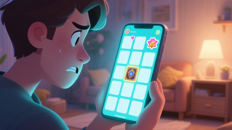 自动生成图片: A frustrated person looking at a glowing phone screen showing a digital sticker album with many empty slots, particularly one highlighted rare slot, in a cozy room setting, soft lighting, digital art style high quality illustration, detailed, 16:9
