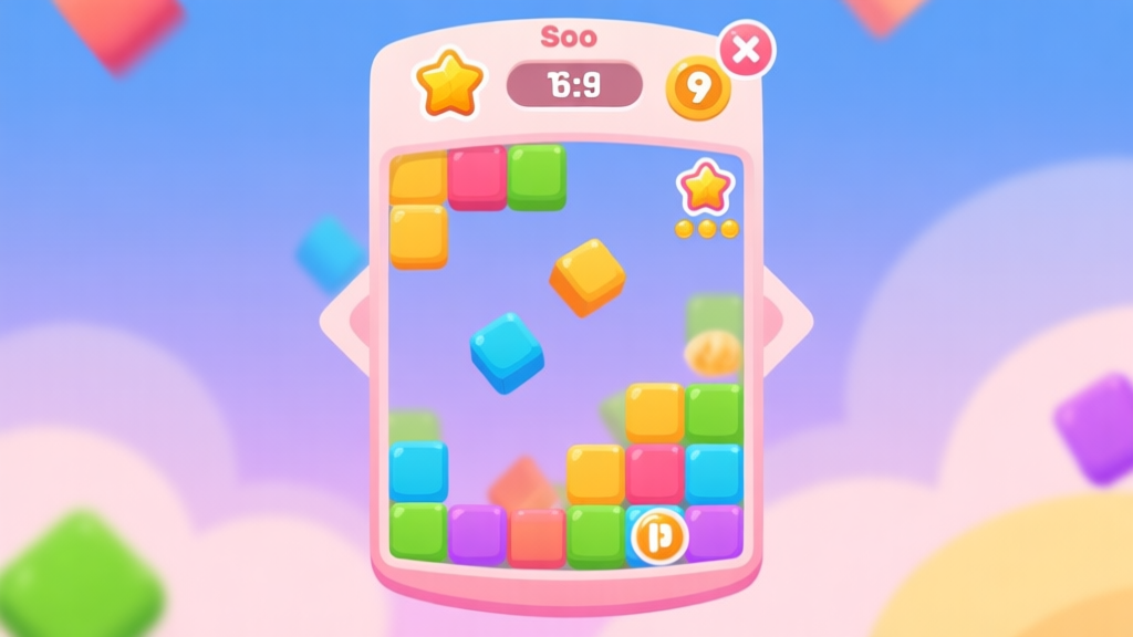 A vibrant, playful mobile game interface with colorful falling blocks, a score counter, and power-up icons, rendered in a flat design style with soft pastel colors high quality illustration, detailed, 16:9