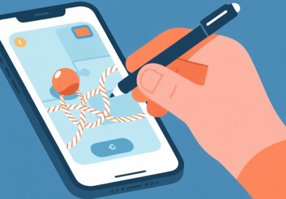 自动生成图片: A hand holding a stylus over a mobile screen showing a puzzle game with a ball and a complex rope drawing, minimalist flat design with soft blues and oranges, clean lines high quality illustration, detailed, 16:9
