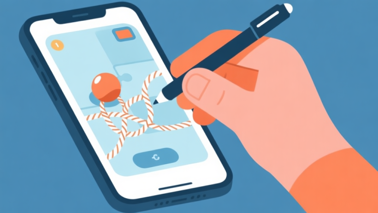 自动生成图片: A hand holding a stylus over a mobile screen showing a puzzle game with a ball and a complex rope drawing, minimalist flat design with soft blues and oranges, clean lines high quality illustration, detailed, 16:9