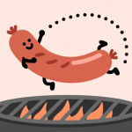 自动生成图片: A playful, minimalist illustration of a cartoon sausage mid-flip over a grill, with dotted trajectory lines showing a perfect arc, against a soft pastel background high quality illustration, detailed, 16:9