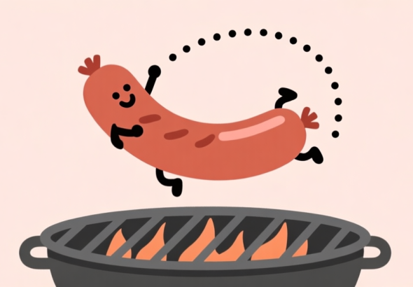 自动生成图片: A playful, minimalist illustration of a cartoon sausage mid-flip over a grill, with dotted trajectory lines showing a perfect arc, against a soft pastel background high quality illustration, detailed, 16:9