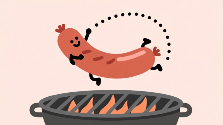 自动生成图片: A playful, minimalist illustration of a cartoon sausage mid-flip over a grill, with dotted trajectory lines showing a perfect arc, against a soft pastel background high quality illustration, detailed, 16:9
