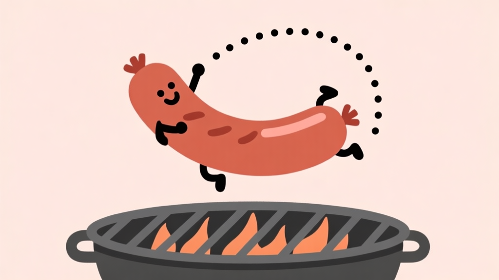 A playful, minimalist illustration of a cartoon sausage mid-flip over a grill, with dotted trajectory lines showing a perfect arc, against a soft pastel background high quality illustration, detailed, 16:9