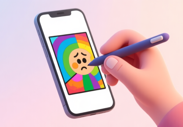 自动生成图片: A smartphone screen showing a colorful, half-finished Anycolor by Numbers artwork, with a confused hand holding a stylus hovering over it, soft pastel background high quality illustration, detailed, 16:9