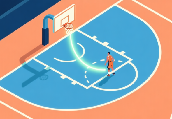 自动生成图片: A minimalist, top-down view of a Basketball FRVR court with a glowing trajectory line from the player to the hoop, soft blue and orange color scheme, clean game illustration style high quality illustration, detailed, 16:9