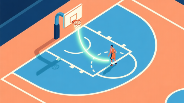 自动生成图片: A minimalist, top-down view of a Basketball FRVR court with a glowing trajectory line from the player to the hoop, soft blue and orange color scheme, clean game illustration style high quality illustration, detailed, 16:9