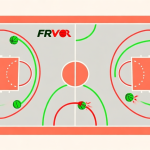 自动生成图片: A stylized, top-down view of a Basketball FRVR court with multiple shooting arcs traced from different positions, some green for success and some red for misses, on a clean minimalist background high quality illustration, detailed, 16:9