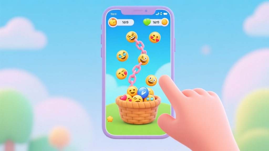 A vibrant and clean mobile game interface showing a hand tapping on a screen, causing a chain reaction of falling emojis into a basket, cartoon style with soft pastel colors high quality illustration, detailed, 16:9