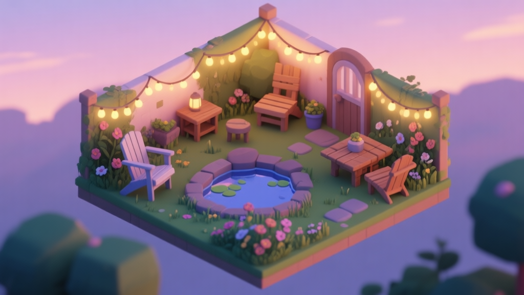 A serene, isometric view of a cozy game garden at dusk, with warm string lights, a small pond, mismatched wooden furniture, and overgrown flowers, in a soft pastel color palette high quality illustration, detailed, 16:9