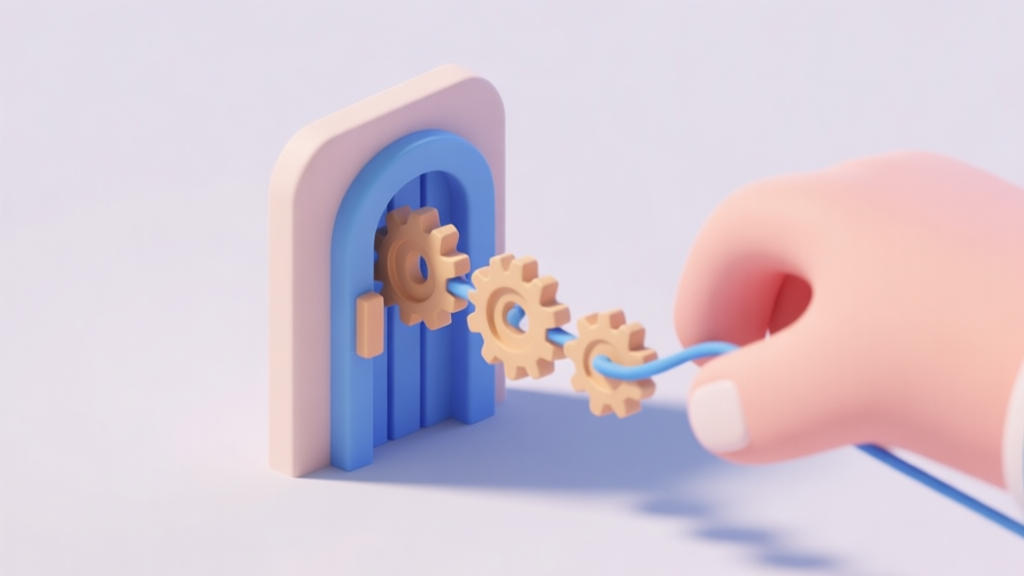 A minimalist, isometric 3D render of a simple puzzle mechanism. A hand pulling a blue string, causing a series of connected gears to turn and a gate to lift. Soft pastel colors, clean lines, and subtle shadows. high quality illustration, detailed, 16:9