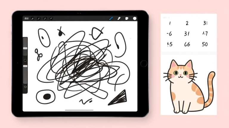 自动生成图片: A messy, abstract digital doodle on a tablet screen, with misplaced lines and odd shapes, next to a clean, solved version showing a cute cat, soft pastel background high quality illustration, detailed, 16:9