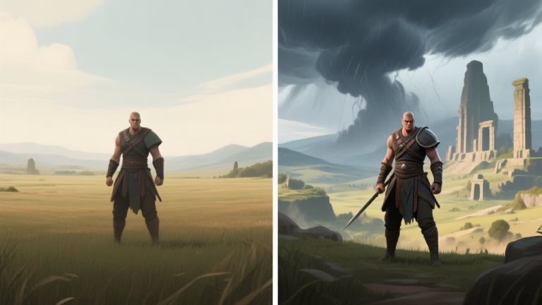 自动生成图片: A split-screen image contrasting two game scenes. Left side: a generic warrior in a plain field. Right side: the same warrior, but with a determined expression, standing before a vast, story-rich landscape with ancient ruins and a looming storm, evoking a sense of purpose and narrative depth. Soft, cinematic lighting. high quality illustration, detailed, 16:9