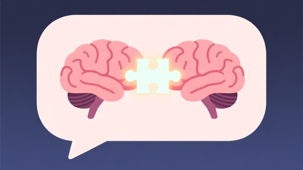 Two stylized brains connected by a glowing, puzzle-piece pathway inside a minimalist chat bubble, soft pastel colors, clean lines, flat illustration style high quality illustration, detailed, 16:9