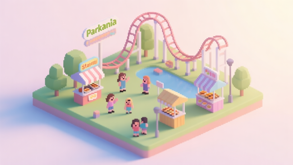 A serene, isometric view of a small but charming starting park in Parkmania, with a gentle roller coaster, a few food stalls, and happy pixelated guests, soft pastel color palette, morning lighting high quality illustration, detailed, 16:9