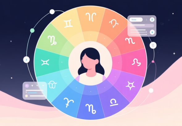 自动生成图片: A conceptual illustration showing a zodiac wheel transforming into a vibrant, personalized digital avatar color palette, with soft flowing colors connecting astrological symbols to digital interface elements, minimalist design, pastel color scheme high quality illustration, detailed, 16:9