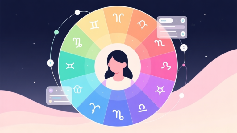 自动生成图片: A conceptual illustration showing a zodiac wheel transforming into a vibrant, personalized digital avatar color palette, with soft flowing colors connecting astrological symbols to digital interface elements, minimalist design, pastel color scheme high quality illustration, detailed, 16:9