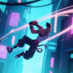 自动生成图片: Dynamic video game action shot of a stylized character mid-grapple swing across a neon-lit urban canyon, showcasing momentum and trajectory, soft glow effects, cool color palette high quality illustration, detailed, 16:9