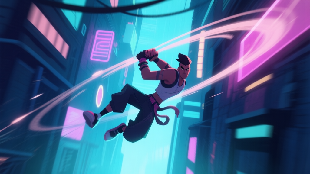 Dynamic video game action shot of a stylized character mid-grapple swing across a neon-lit urban canyon, showcasing momentum and trajectory, soft glow effects, cool color palette high quality illustration, detailed, 16:9