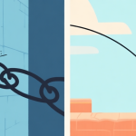 自动生成图片: A side-by-side comparison illustration: left shows a clumsy, chaotic grapple path ending at a wall, right shows a smooth, efficient parabolic swing trajectory, minimalist game art style, soft blue and orange color palette high quality illustration, detailed, 16:9