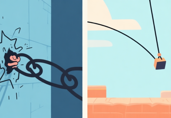 自动生成图片: A side-by-side comparison illustration: left shows a clumsy, chaotic grapple path ending at a wall, right shows a smooth, efficient parabolic swing trajectory, minimalist game art style, soft blue and orange color palette high quality illustration, detailed, 16:9