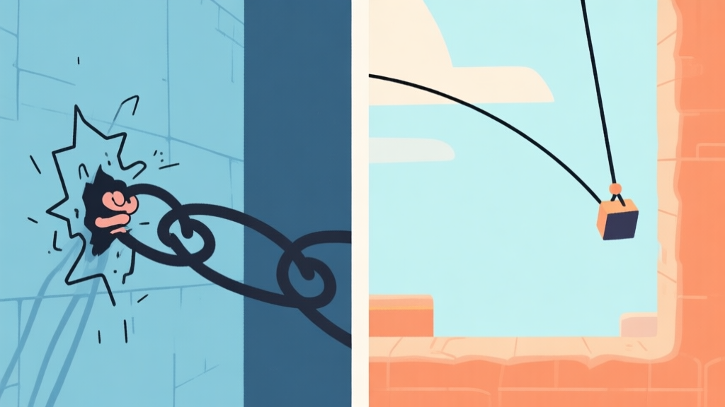 A side-by-side comparison illustration: left shows a clumsy, chaotic grapple path ending at a wall, right shows a smooth, efficient parabolic swing trajectory, minimalist game art style, soft blue and orange color palette high quality illustration, detailed, 16:9