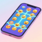 自动生成图片: A vibrant yet organized grid of various emojis on a mobile phone screen, with glowing connection lines between matching ones, soft pastel background, clean game UI aesthetic high quality illustration, detailed, 16:9