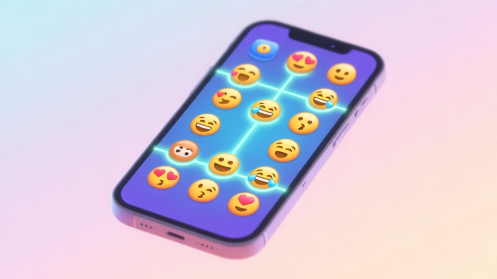A vibrant yet organized grid of various emojis on a mobile phone screen, with glowing connection lines between matching ones, soft pastel background, clean game UI aesthetic high quality illustration, detailed, 16:9