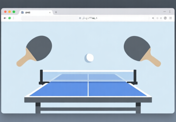 自动生成图片: A clean, minimalist browser window showing a simple yet elegant ping pong HTML5 game interface, with a paddle on each side and a ball in the middle, soft blue and grey color scheme, flat design style high quality illustration, detailed, 16:9