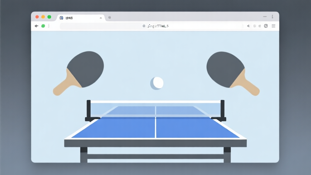 A clean, minimalist browser window showing a simple yet elegant ping pong HTML5 game interface, with a paddle on each side and a ball in the middle, soft blue and grey color scheme, flat design style high quality illustration, detailed, 16:9