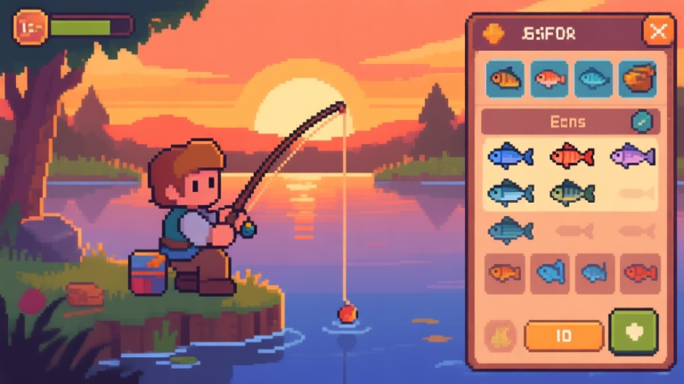 自动生成图片: A cozy pixel art scene of a character fishing at a lake during sunset, with a detailed UI showing fish types and inventory, in a retro game style with warm colors high quality illustration, detailed, 16:9