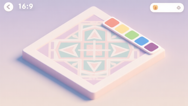自动生成图片: A serene, minimalist game interface showing a color palette and a partially completed intricate geometric pattern, soft pastel colors, clean lines, isometric view high quality illustration, detailed, 16:9